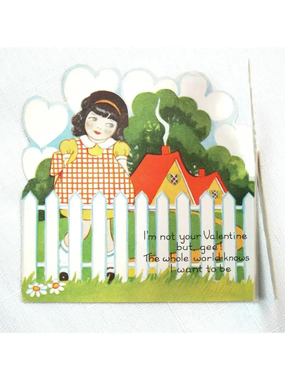 Vintage Valentine Card 1931 Fold Stand Girl & Boy w/ Flowers White Picket Fence